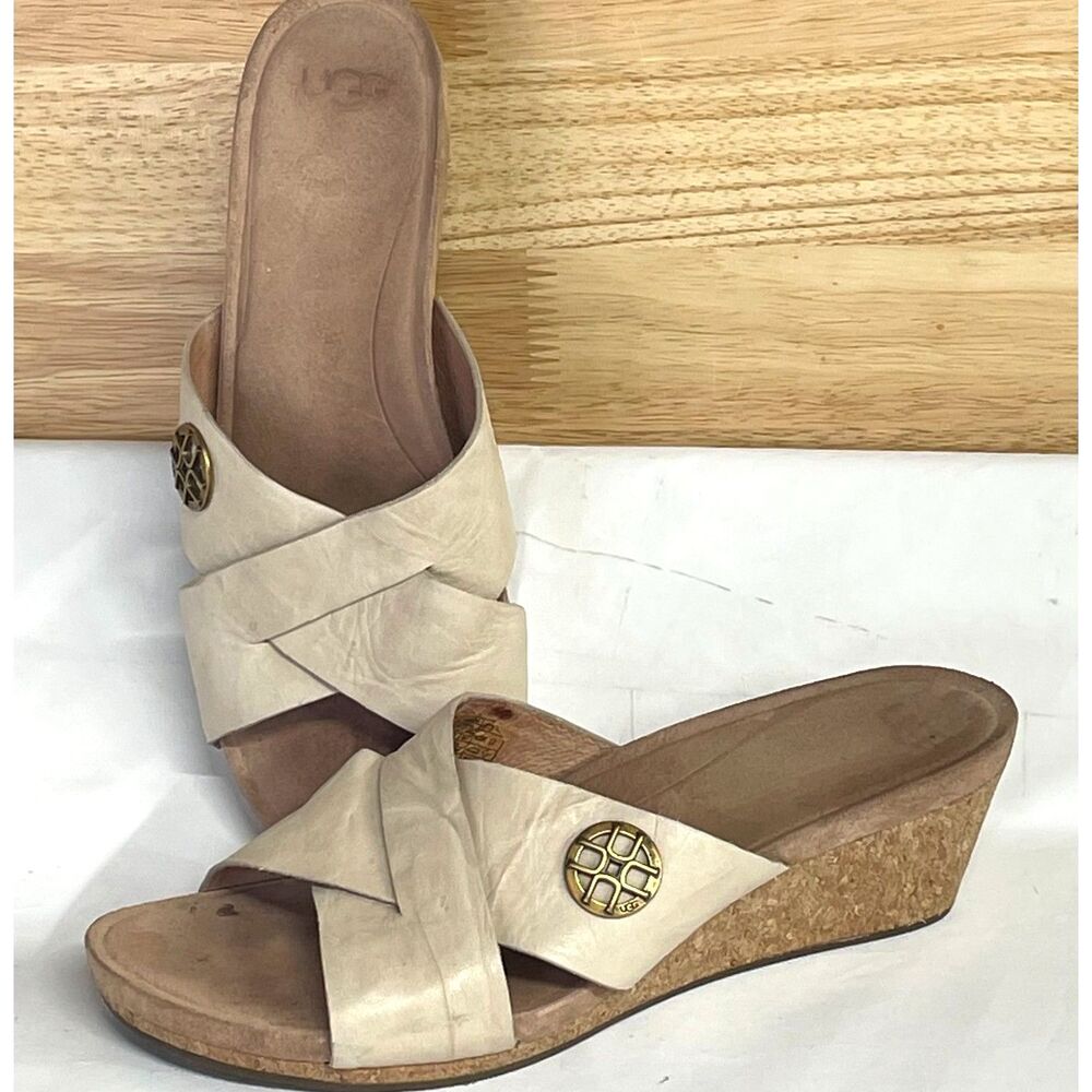 UGG Beige Leather Cork Wedge Slide Sandals Womens Size 10 Comfort Shoes
